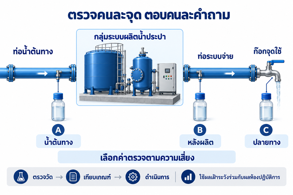 ตัวอย่างตำแหน่งตรวจน้ำต้นทาง หลังผลิต และปลายทาง ต้องปรับแผนเก็บตัวอย่างให้เหมาะกับระบบจริง อุปกรณ์เป็นภาพแทนกลุ่มหน้าที่ ไม่ใช่แบบติดตั้ง

