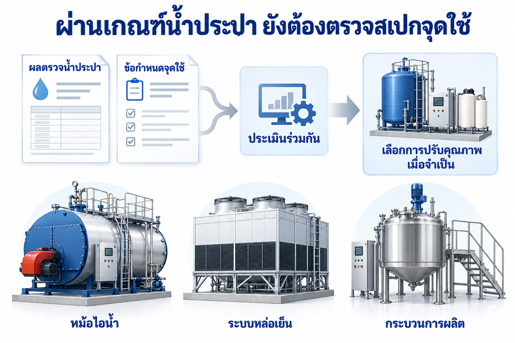 ประเมินผลน้ำร่วมกับข้อกำหนดจุดใช้ก่อนเลือกการปรับคุณภาพ อุปกรณ์ในภาพเป็นตัวอย่างประกอบ ไม่ใช่ชุดที่ต้องติดตั้งทุกงาน
