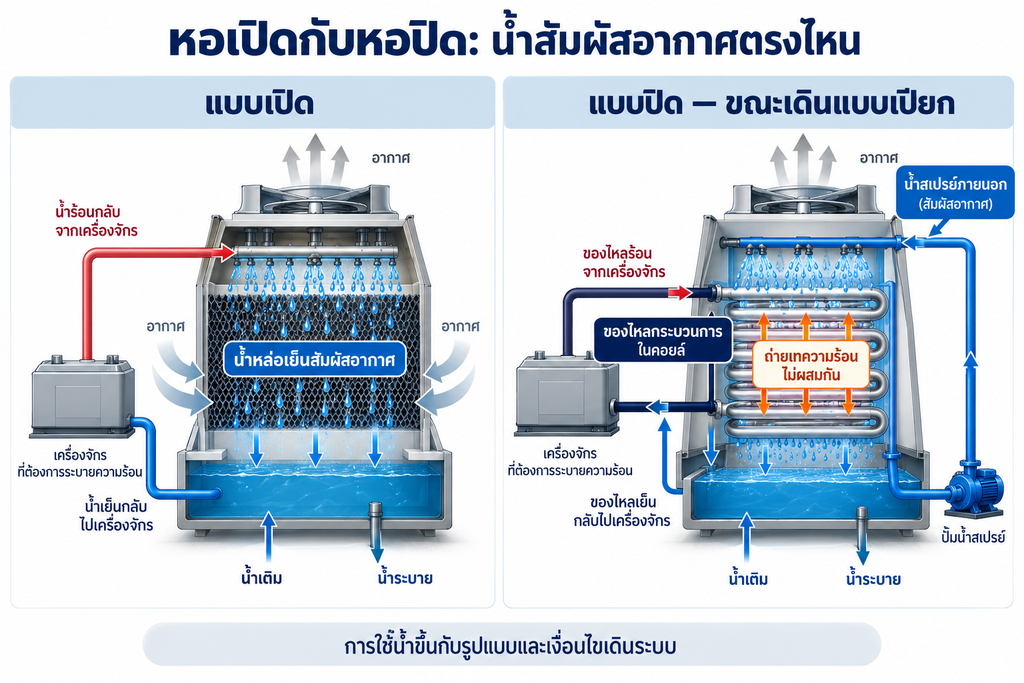 cooling tower แบบเปิดกับแบบปิดต่างกันอย่างไร